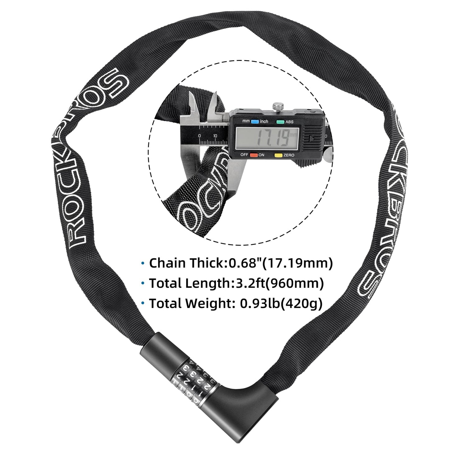 ROCKBROS 3.2FT Heavy Duty Bike Chain Lock Anti-Theft Security Lock Resettable Combination 2 Keys - Triathlete Store
