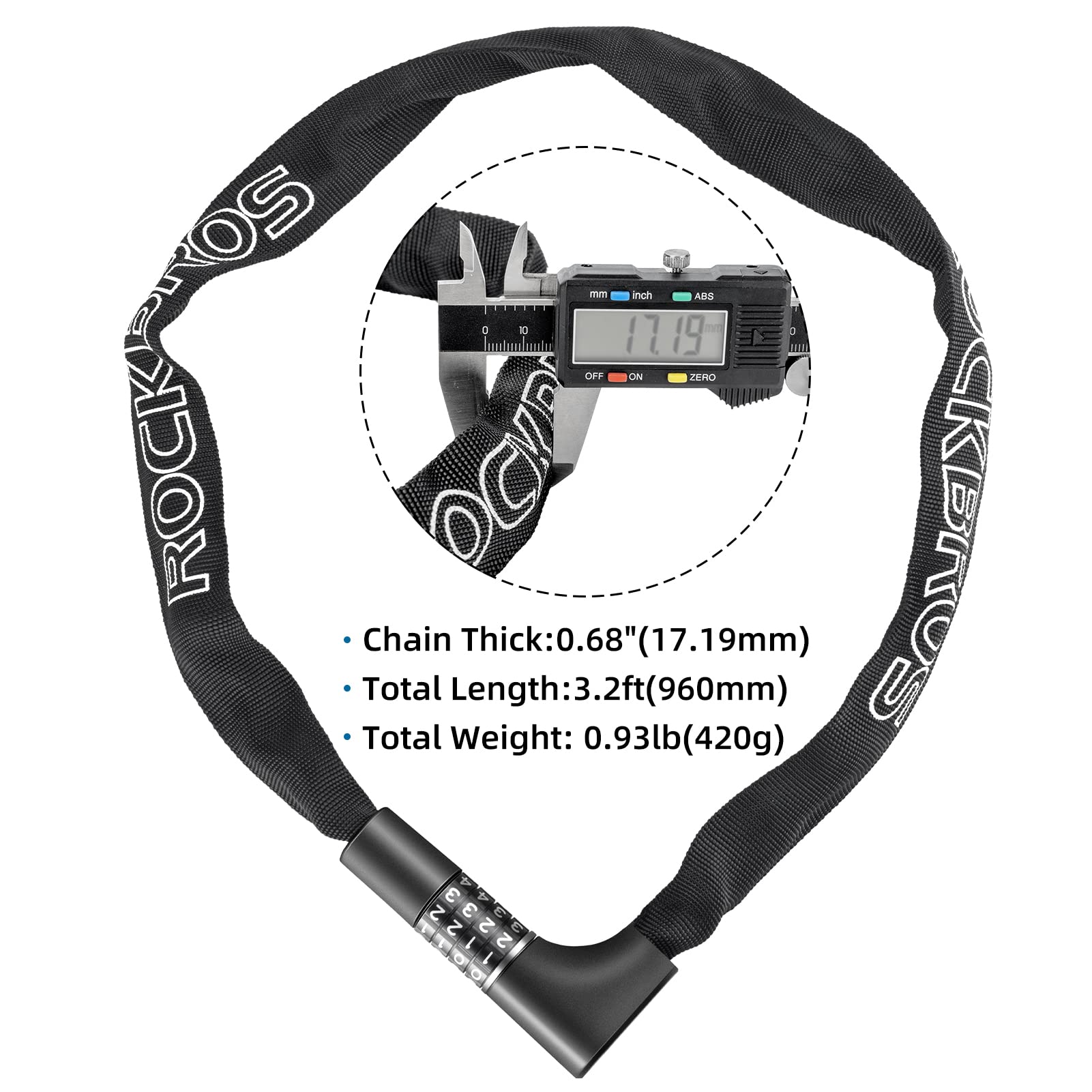 ROCKBROS 3.2FT Heavy Duty Bike Chain Lock Anti-Theft Security Lock Resettable Combination 2 Keys - Triathlete Store