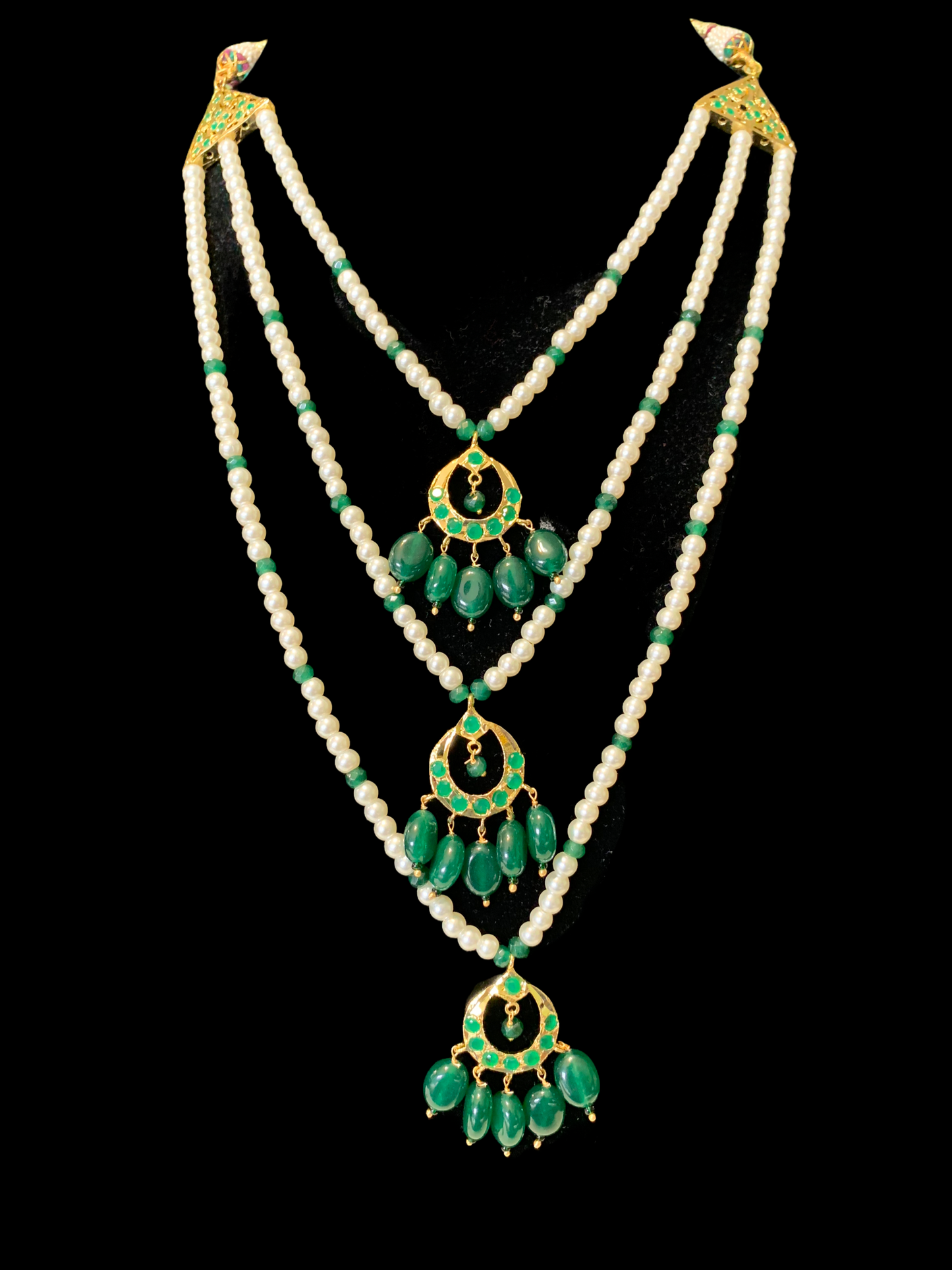 SAT71 Seema three layer  necklace with chandbali- green  ( READY TO SHIP )
