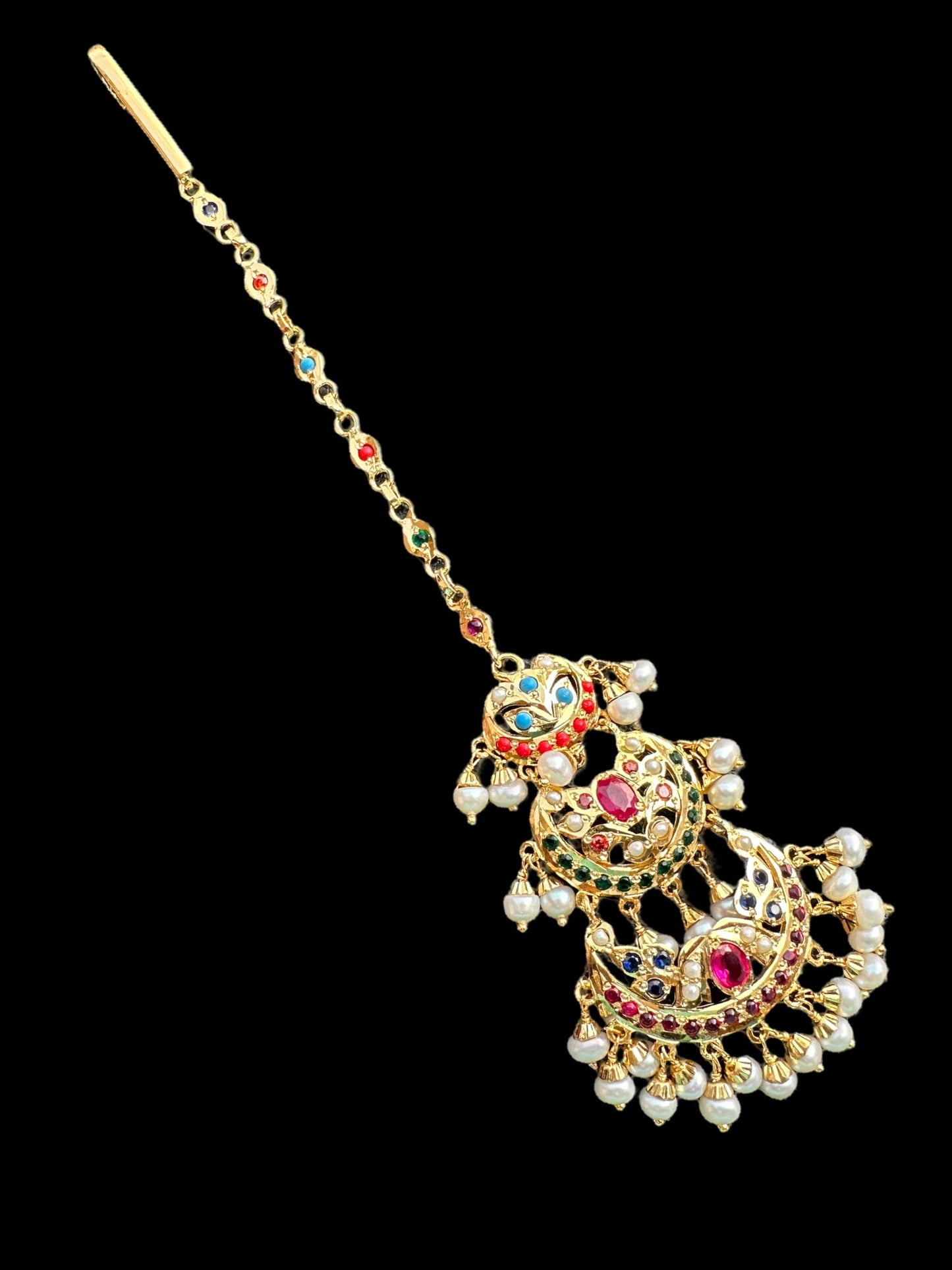 Gold plated silver tika in navratan ( READY TO SHIP )