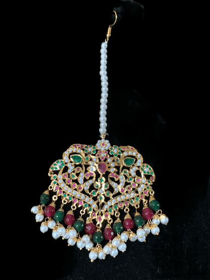 NS72 Neeli jadau pearl necklace with earrings tika in ruby emerald( READY TO SHIP )
