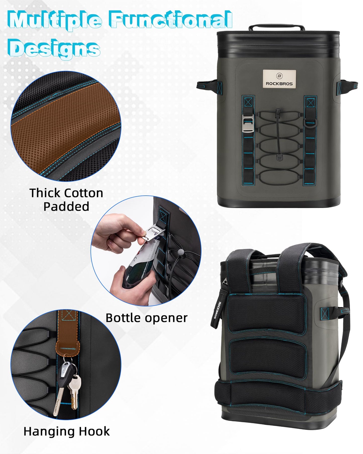 ROCKBROS Backpack Cooler 36 Can Insulated Portable Cooler Waterproof Soft Cooler