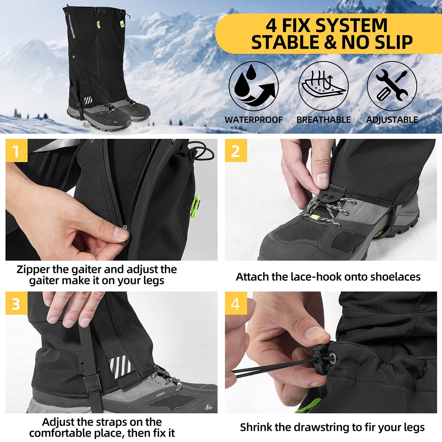 ROCKBROS Snow Boot Leg Gaiters, Waterproof Hiking Gaiters for Winter Sports and Snow Shoes