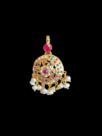 Navratan gold plated silver pendant set with fresh water pearls ( READY TO SHIP)