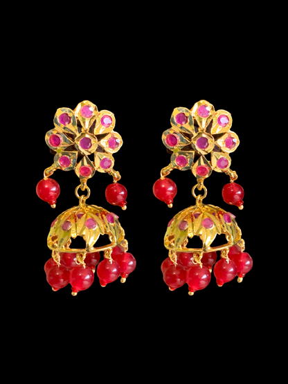 DER345 Ruby jhumka in flower tops ( SHIPS IN 3 WEEKS )