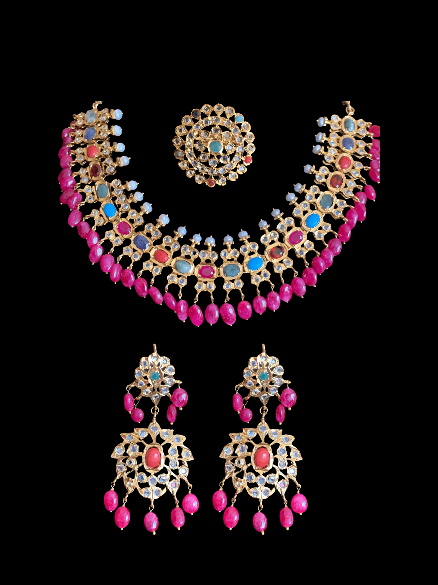 BR17 Aleezay fresh water  pearls and navratan   set( READY TO SHIP  )