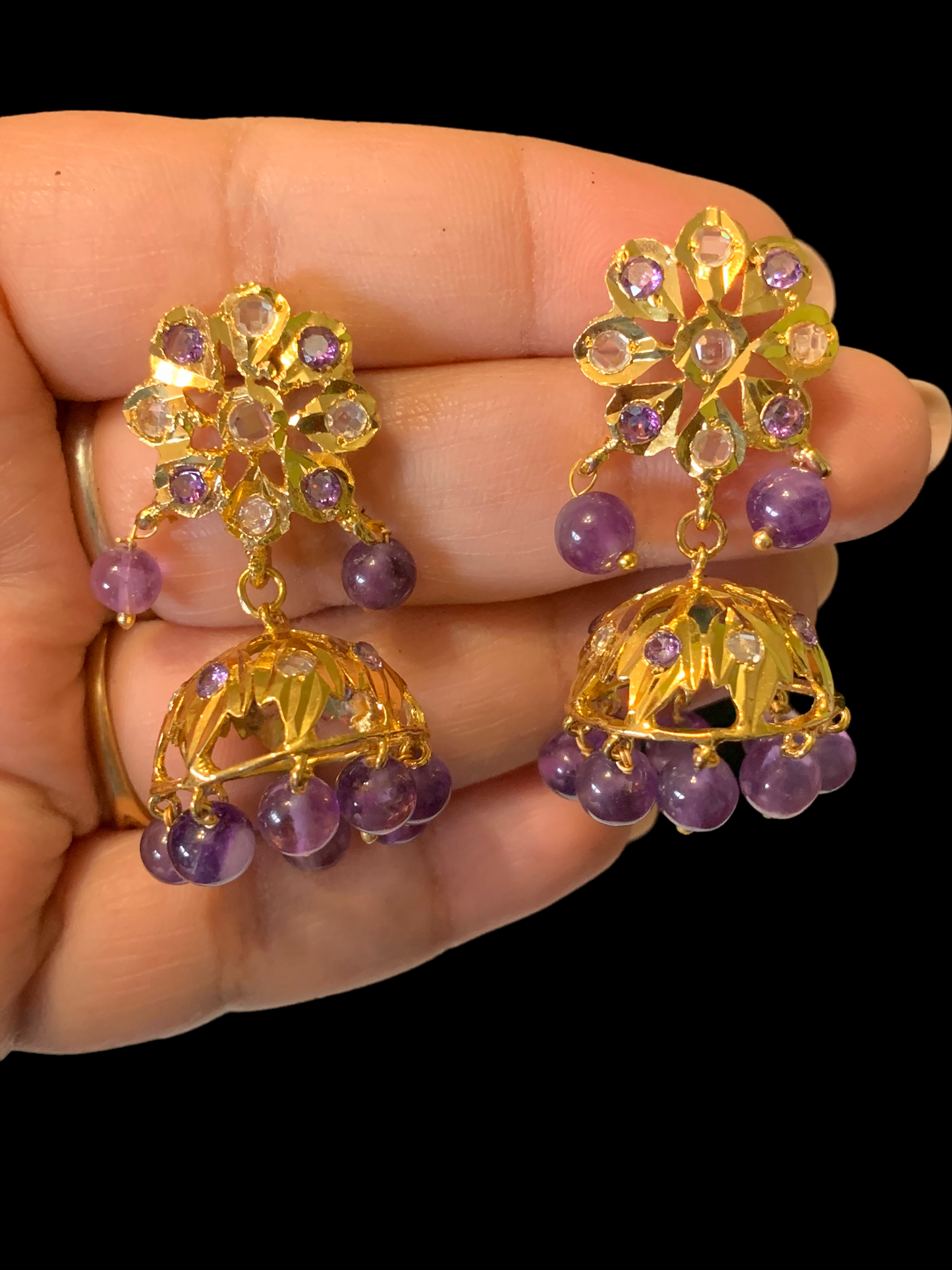 DER349 Amethyst jhumka in flower tops ( SHIPS IN 2 WEEKS )