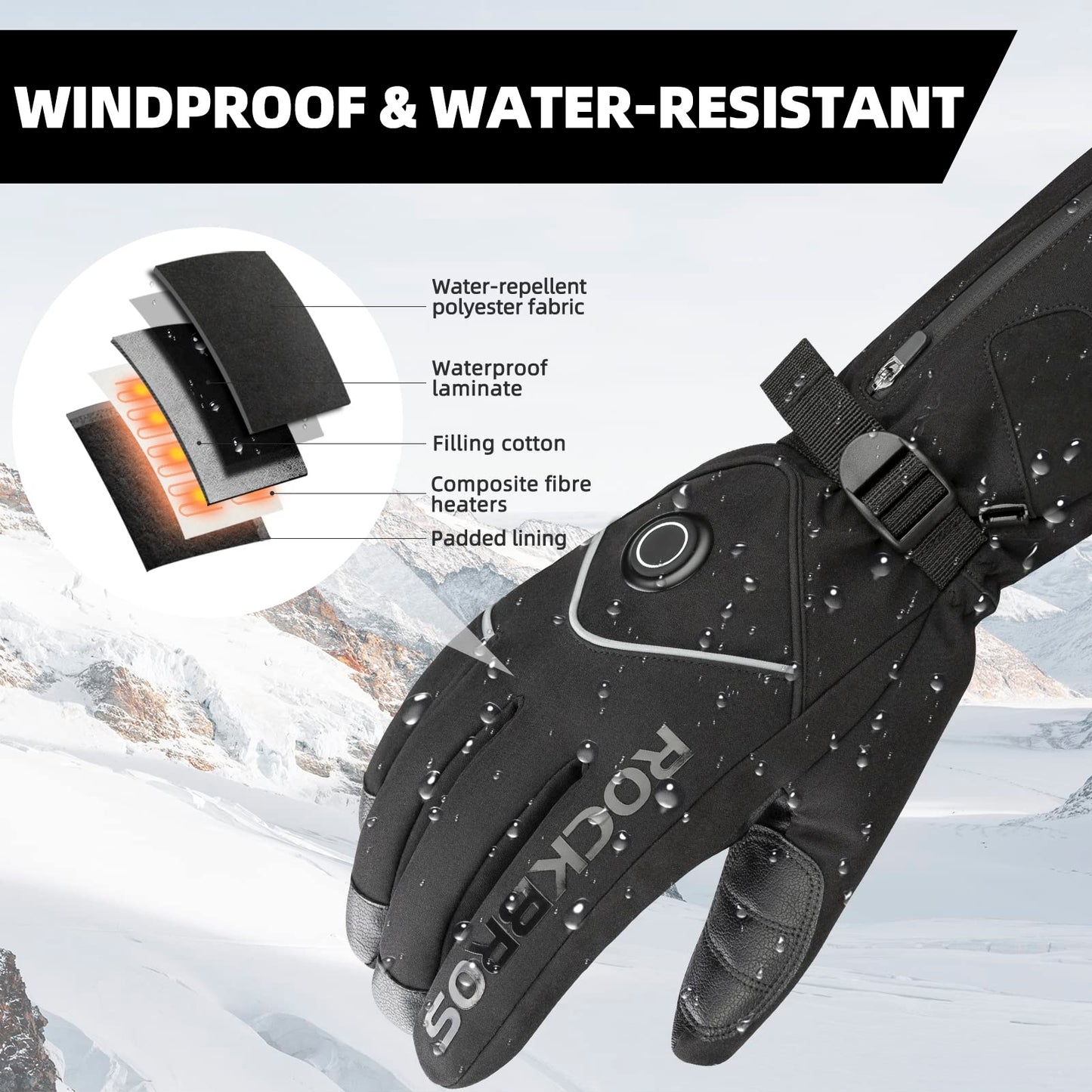 ROCKBROS Heated Gloves, Rechargeable Winter Touchscreen Gloves for Cycling, Skiing, Motorcycling