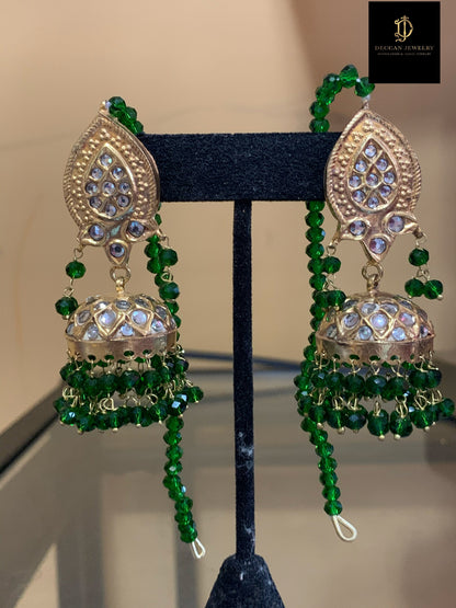 DER152 Hiba kundan jhumka in green beads(READY TO SHIP)