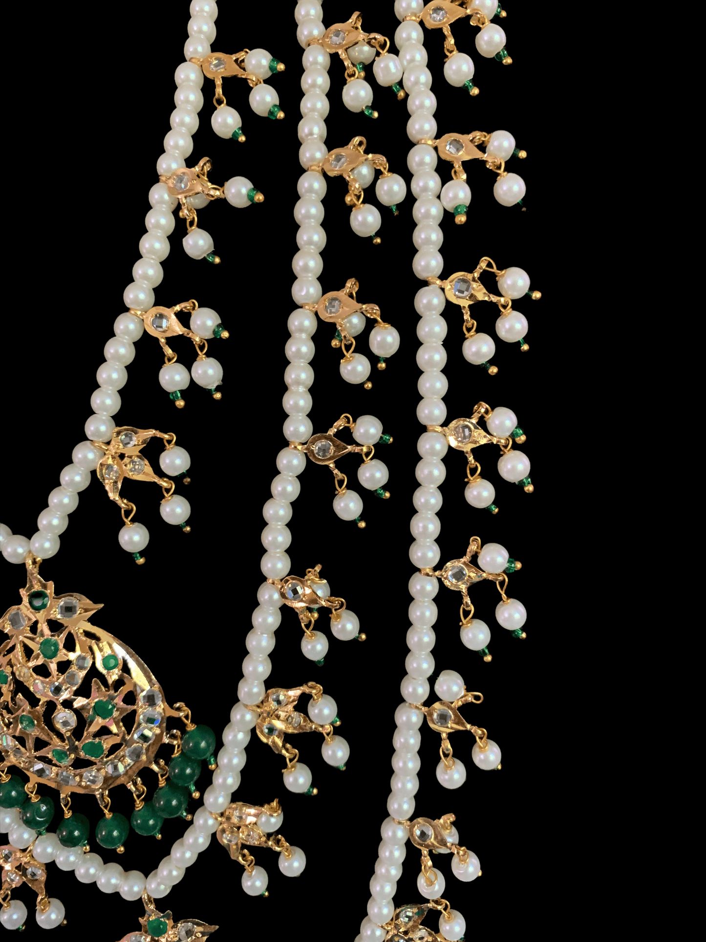 SAT31 Tooba ruby three layered pearl necklace with earrings and Tika - green  (SHIPS IN 4 WEEKS  )