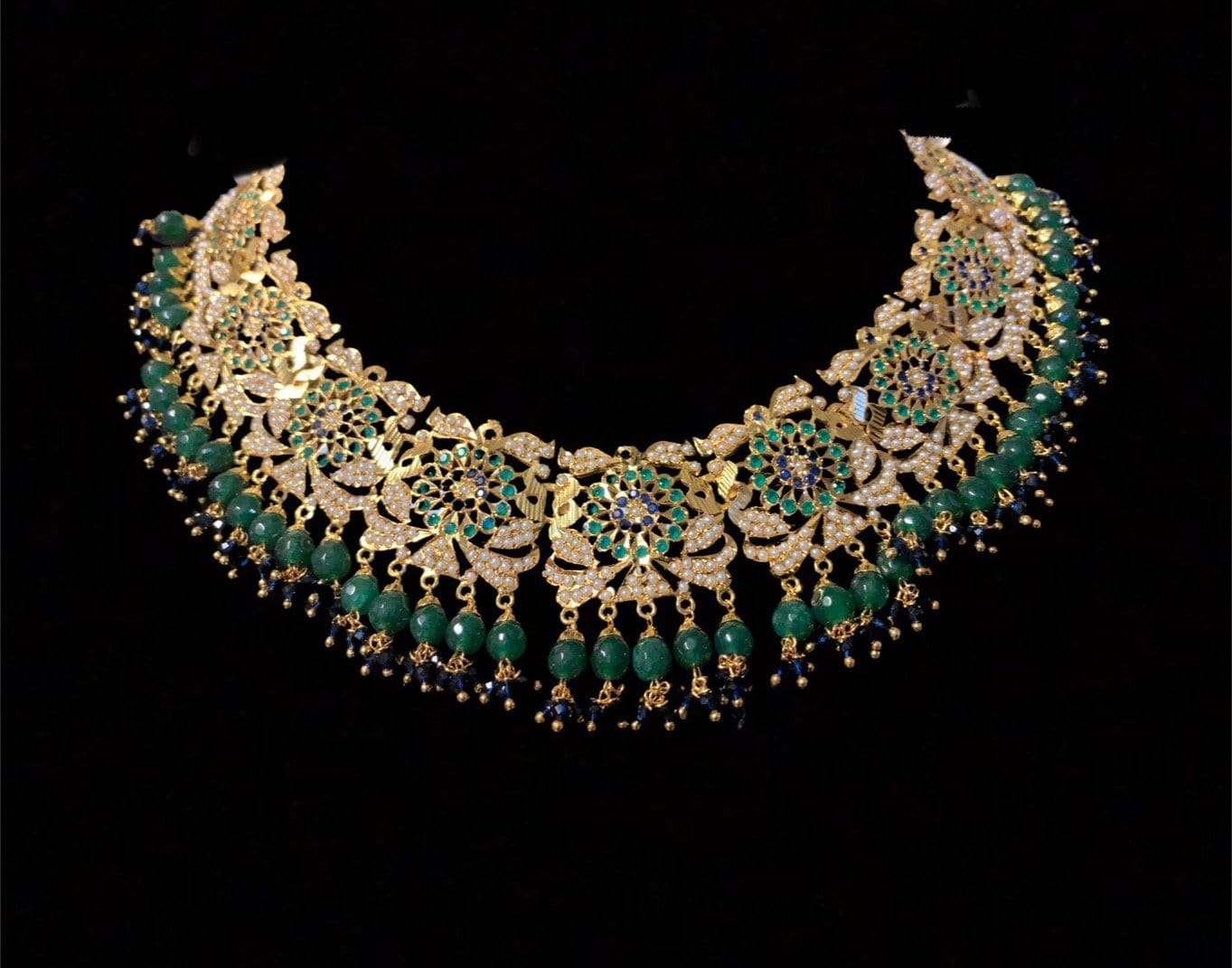 Rashmika jadau necklace with jhumka ( green blue ) ( READY TO SHIP )
