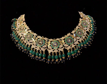 Rashmika jadau necklace with jhumka ( green blue ) ( READY TO SHIP )