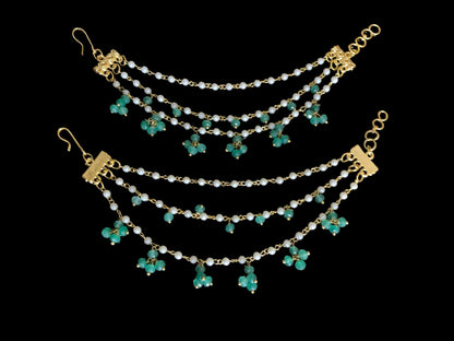 Pearl ear supports with green beads ( READY TO SHIP)