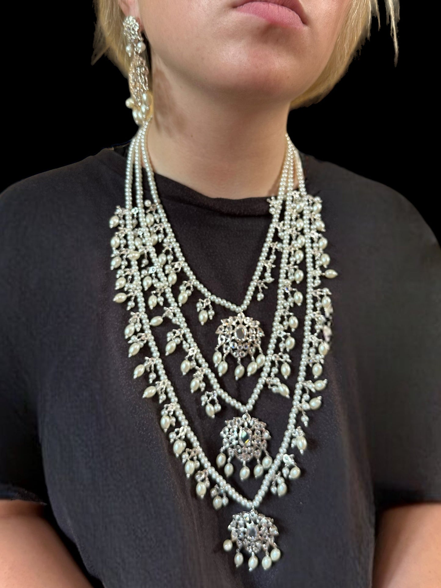 SAT76 Farmana three layer Hyderabadi  necklace with earrings ( READY TO SHIP )