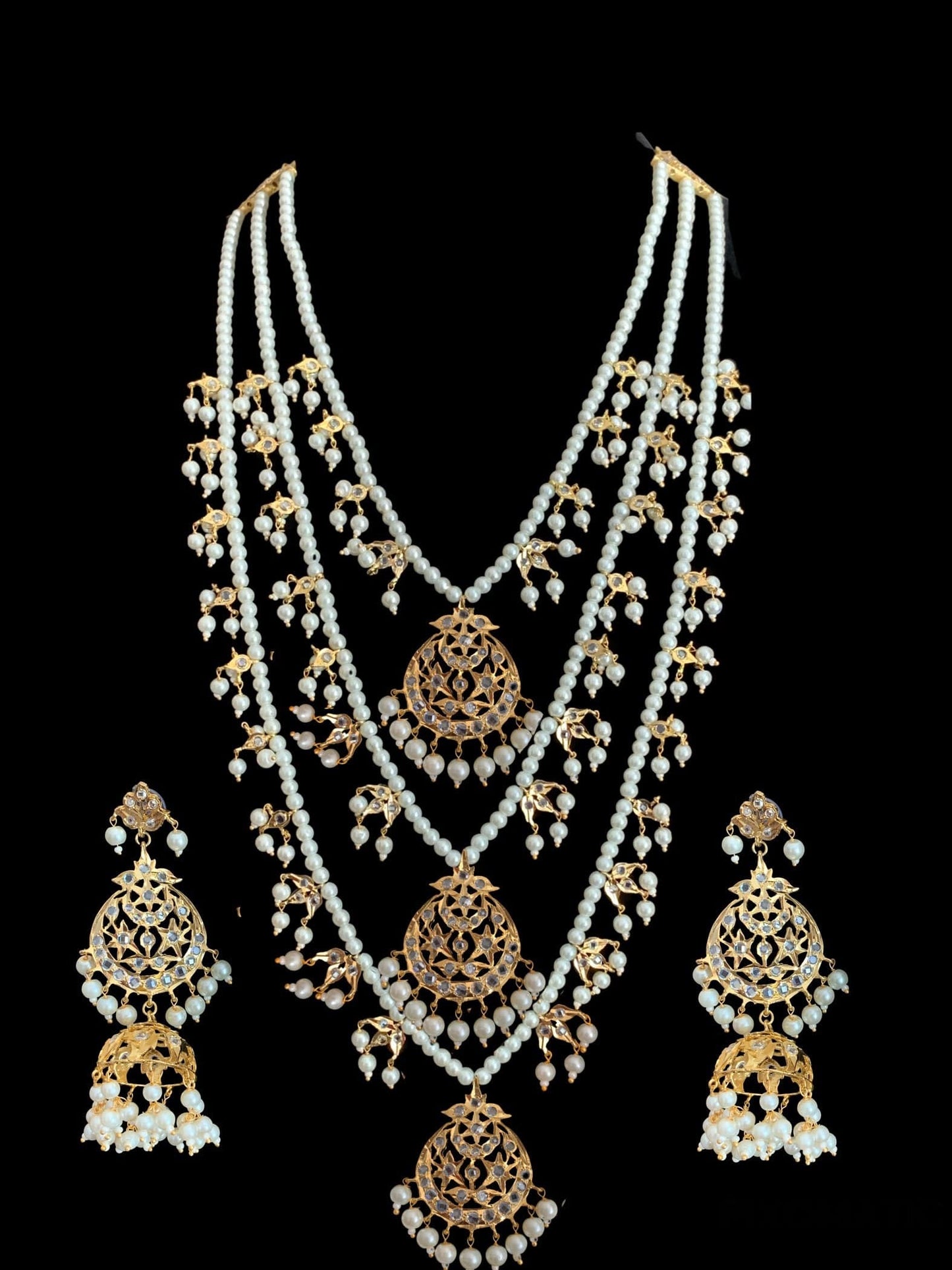 Tooba three layered pearl necklace with earrings and Tika ( SHIPS IN 4 WEEKS )