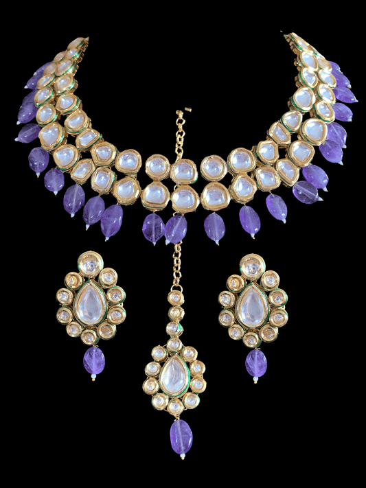 NS177 Mohini bridal necklace in high quality kundan with natural amethyst beads (SHIPS IN 2 WEEKS)