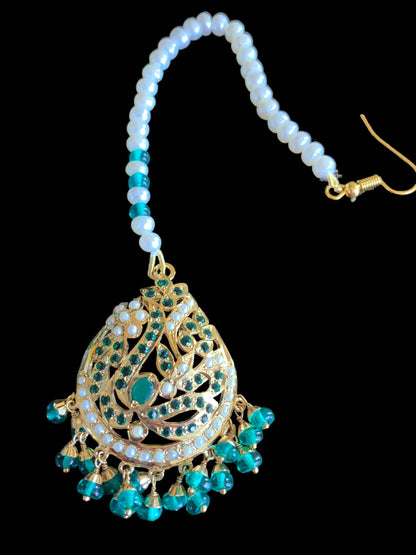 Gold plated silver tikka in pearls and emeralds ( READY TO SHIP )