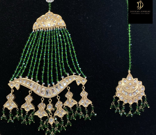 JTK21 Hiba kundan jhoomar tika ( green beads ) ( SHIPS IN 3 WEEKS  )