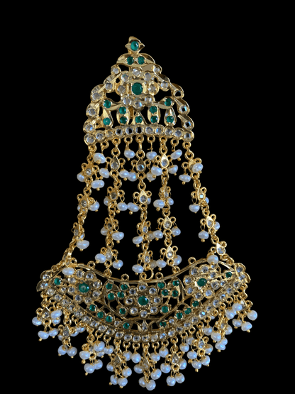 DJHR38  Bridal jhoomar in fresh water pearls - GREEN ( SHIPS IN 4 WEEKS )