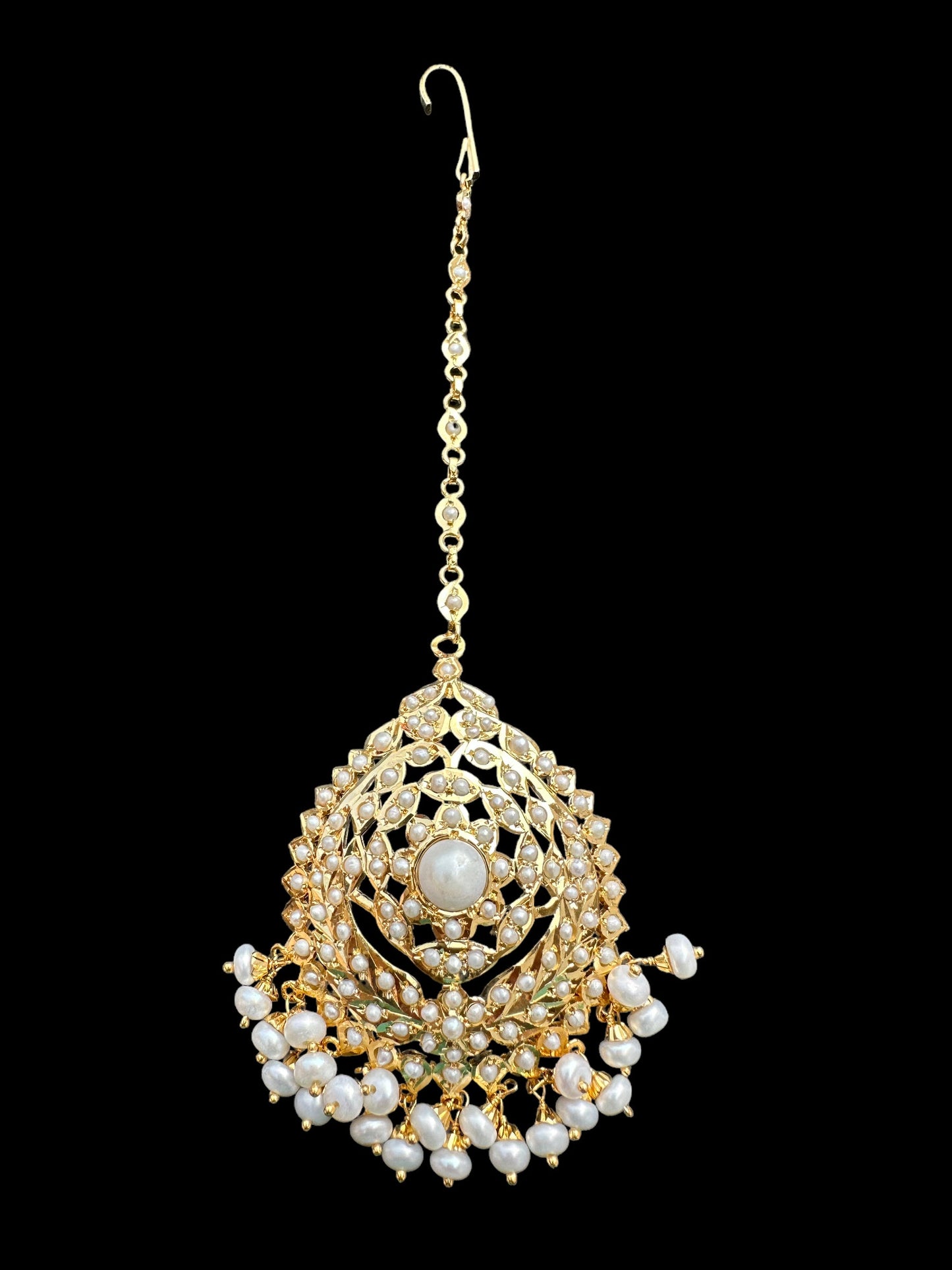 Gold plated silver tikka in fresh water pearls ( READY TO SHIP )