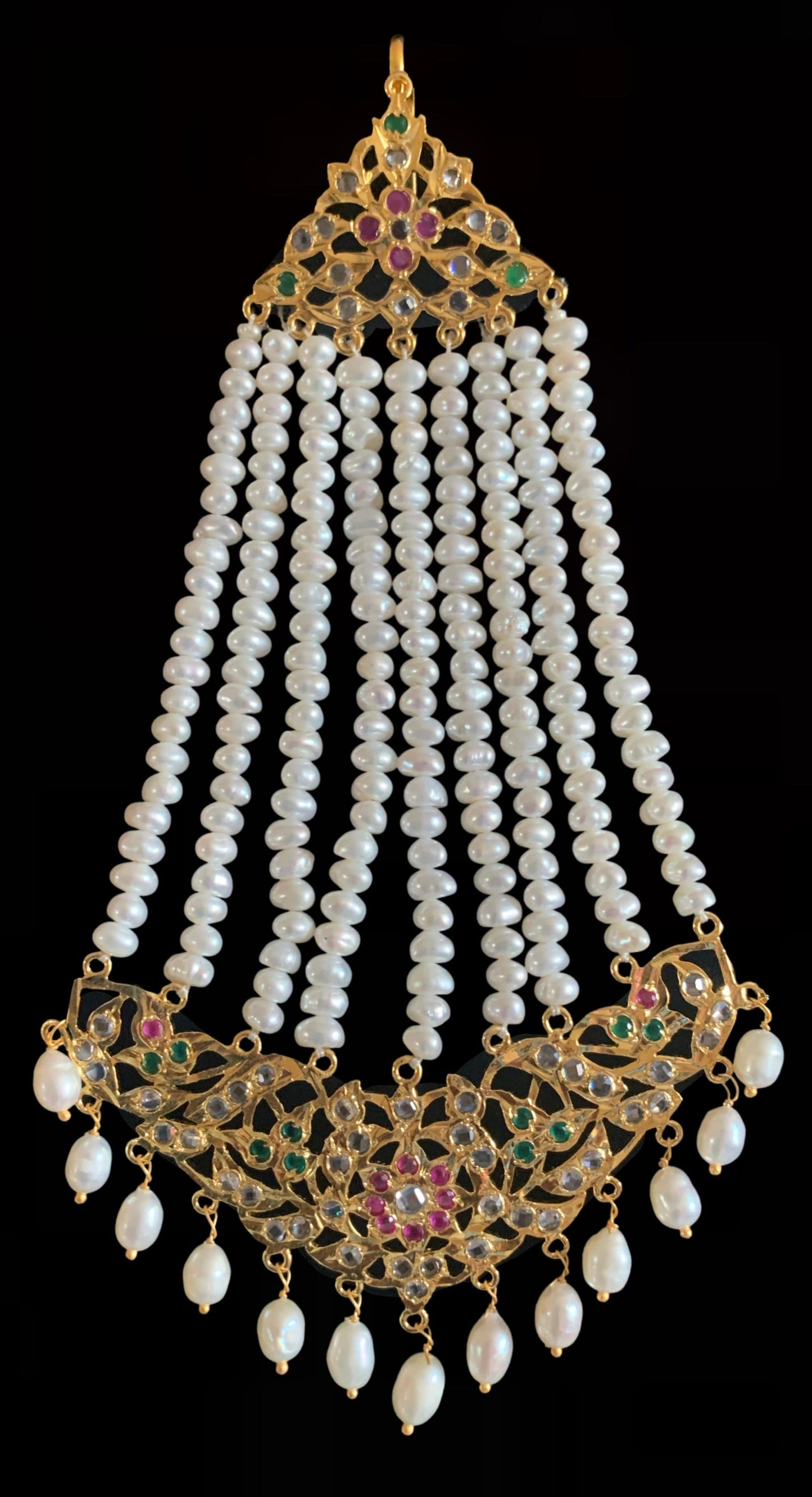 DJHR74 Ruby emerald jhoomar with fresh  water pearls ( SHIPS IN 4 WEEKS )