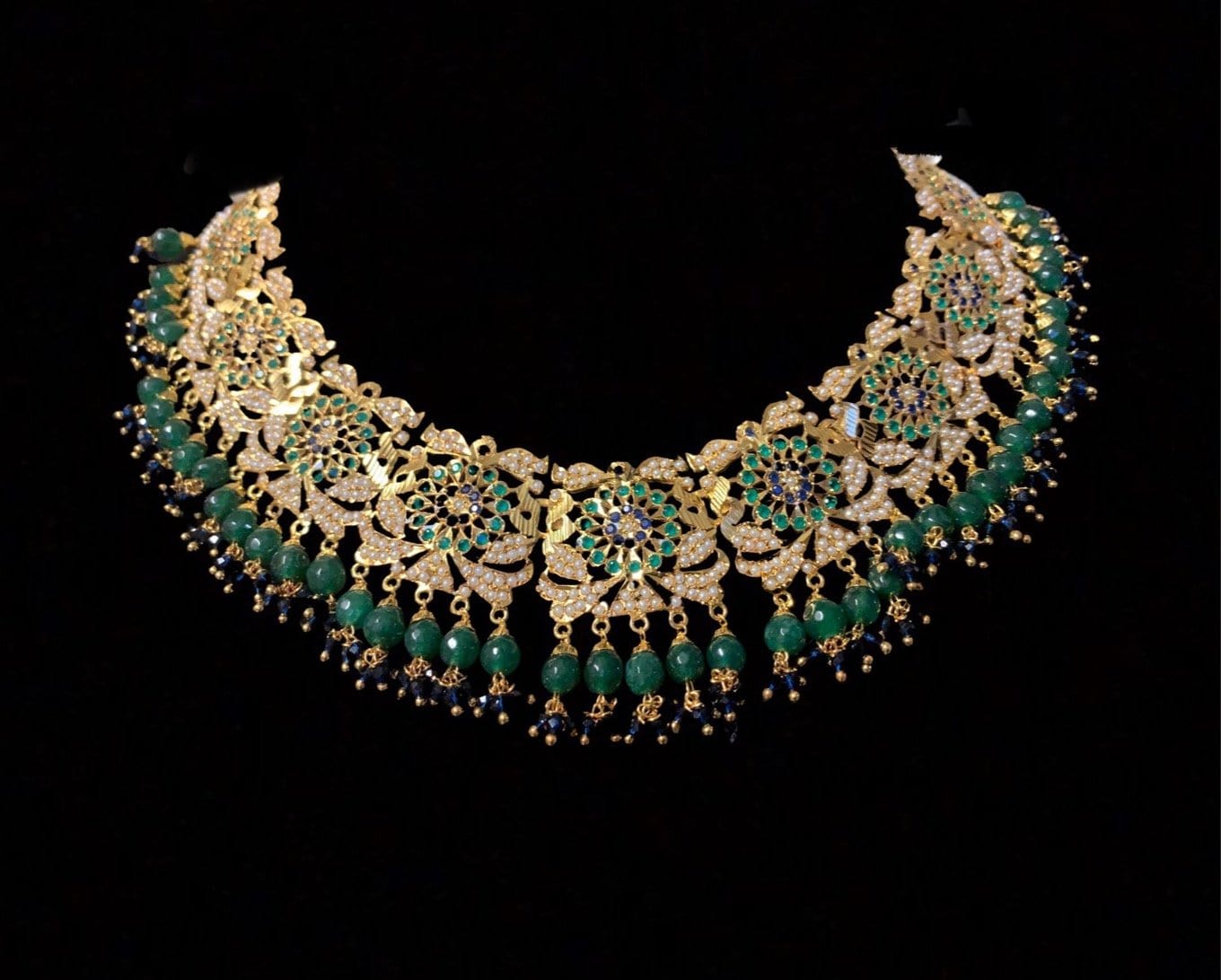 Rashmika jadau necklace with jhumka ( green blue ) ( READY TO SHIP )