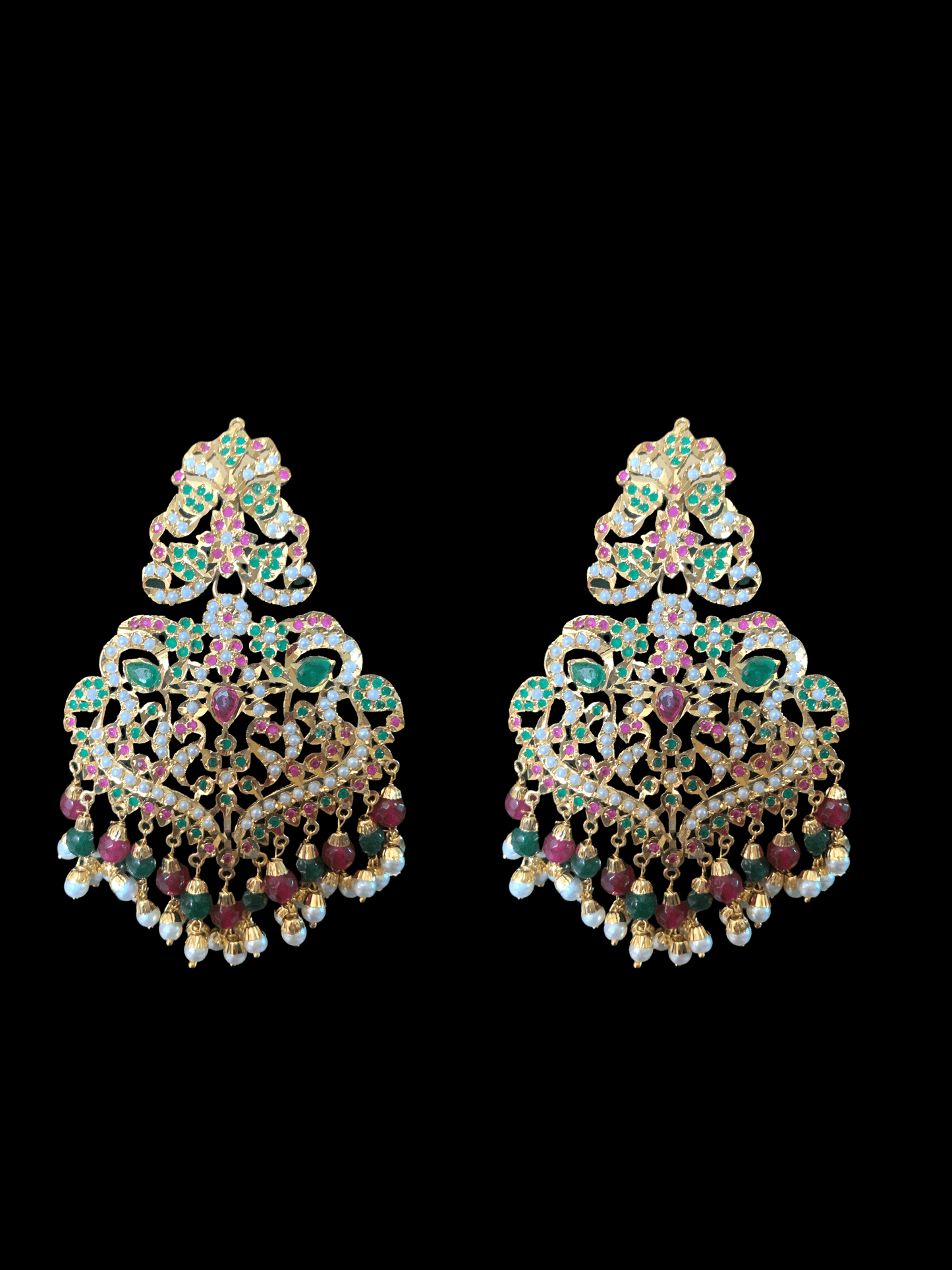 NS72 Neeli jadau pearl necklace with earrings tika in ruby emerald( READY TO SHIP )