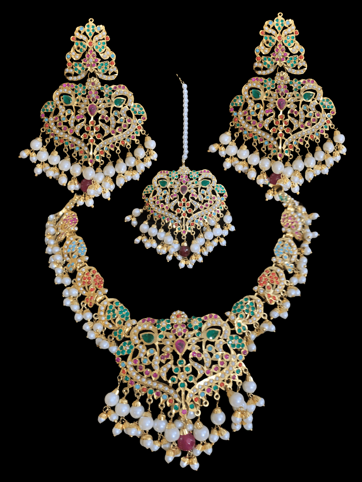 NS70 Neeli navratan jadau pearl necklace with earrings tika (READY TO SHIP )