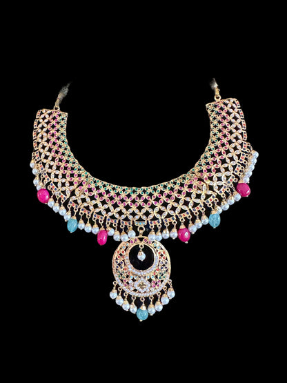 NS517 multicolor jadau  necklace with earrings tika ( READY TO SHIP )