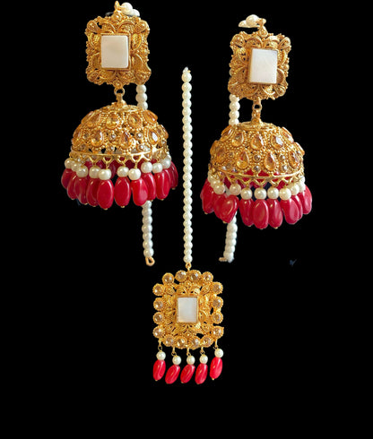 DJET32 Gold plated jhumka earrings and tika set ( READY TO SHIP )