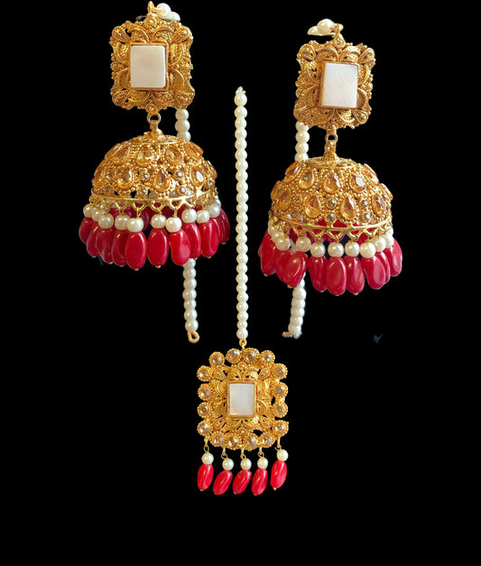 DJET32 Gold plated jhumka earrings and tika set ( READY TO SHIP )