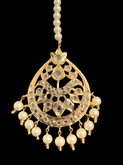 DJTK111 Ria Hyderabadi Jadau tika in golden pearls and polki