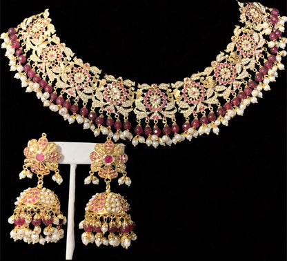 NS163 Rashmika jadau necklace with jhumka ( rubies ) ( READY TO SHIP  )