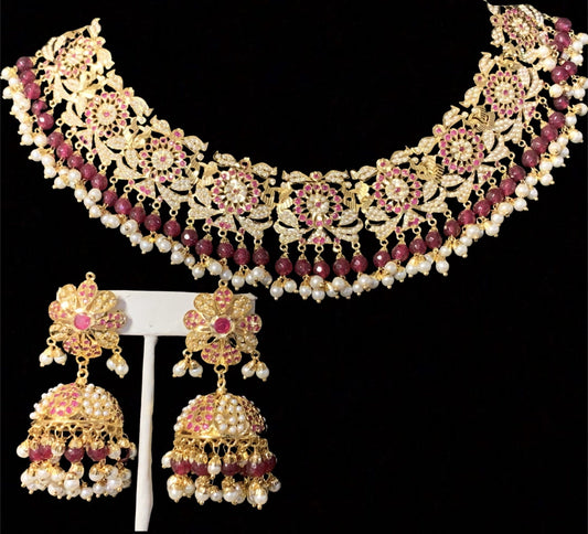 NS163 Rashmika jadau necklace with jhumka ( rubies ) ( READY TO SHIP  )