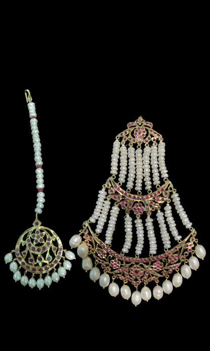 BR7 Insia bridal jadavi lacha satlada set in ruby with fresh water pearls  , READY TO SHIP