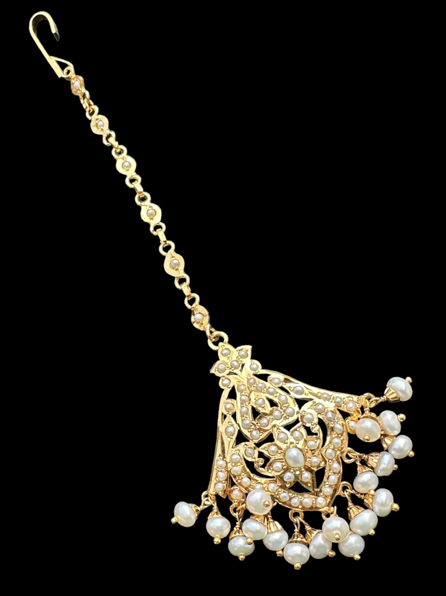 Gold plated silver tikka in fresh water pearls ( SHIPS IN 4 WEEKS )