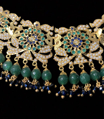 Rashmika jadau necklace with jhumka ( green blue ) ( READY TO SHIP )