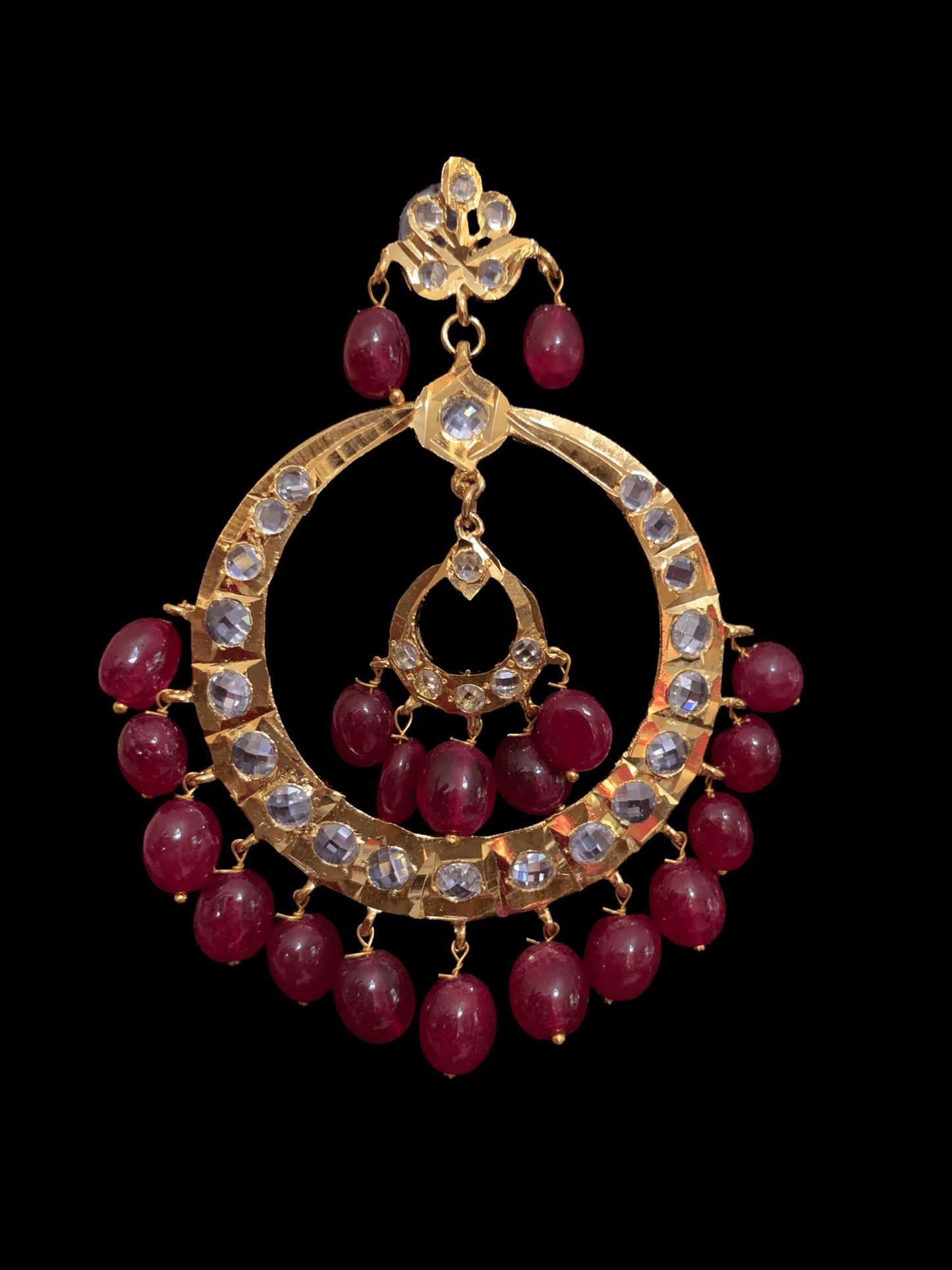 Double Chandbali in quartz ruby beads DER31 ( SHIPS IN 3 WEEKS  )
