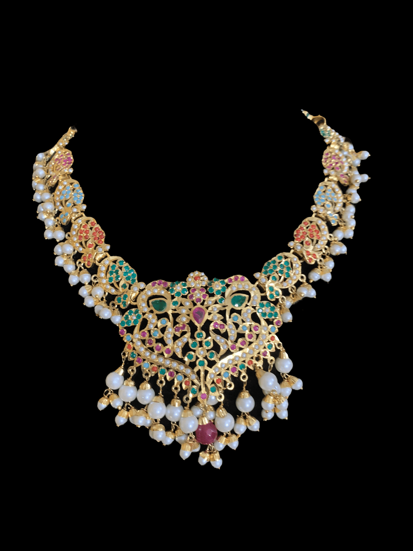NS70 Neeli navratan jadau pearl necklace with earrings tika (READY TO SHIP )