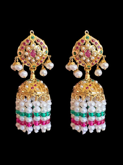 Ruby emerald with  Fresh water pearl jhumka in gold plated silver ( SHIPS IN 4 WEEKS  )