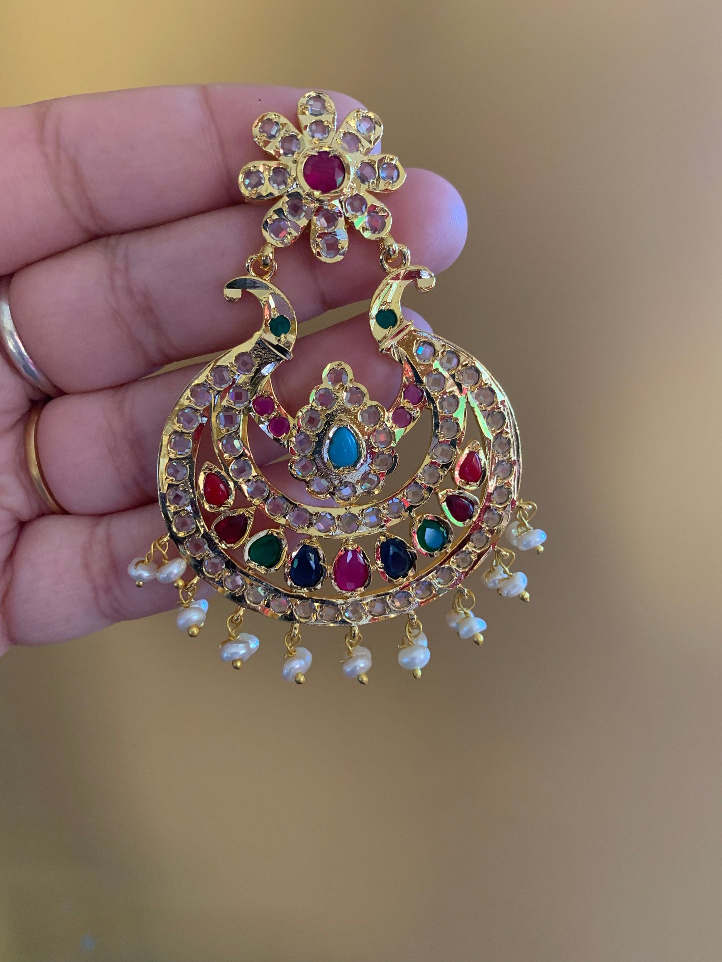 DER98 Zulfa Hyderabadi Chandbali in fresh water pearls - navratan ( READY TO SHIP )