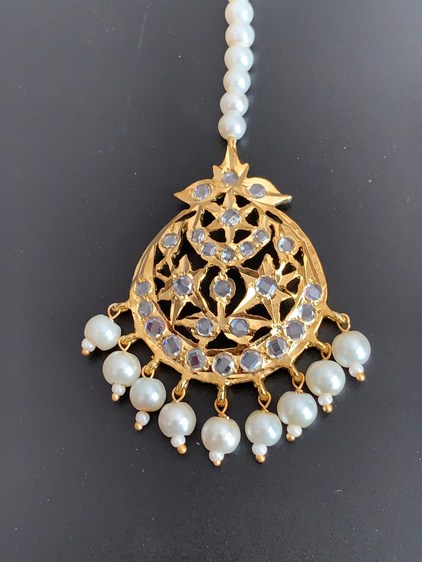 Tooba three layered pearl necklace with earrings and Tika ( SHIPS IN 4 WEEKS )