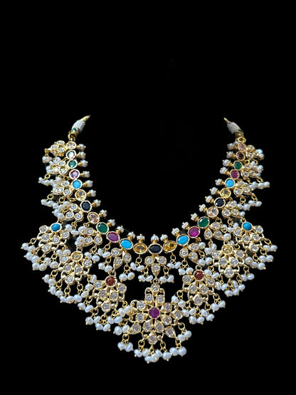 DNS29 Navratan   necklace with earrings - fresh water pearls ( READY TO SHIP )