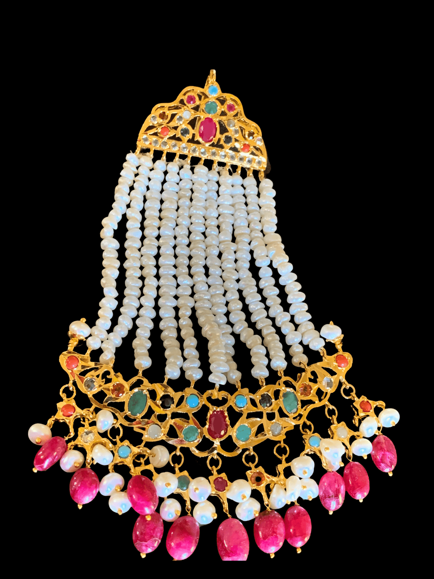 Hyderabadi navratan jhoomar in gold plated jhoomar ( SHIPS IN 4 WEEKS )