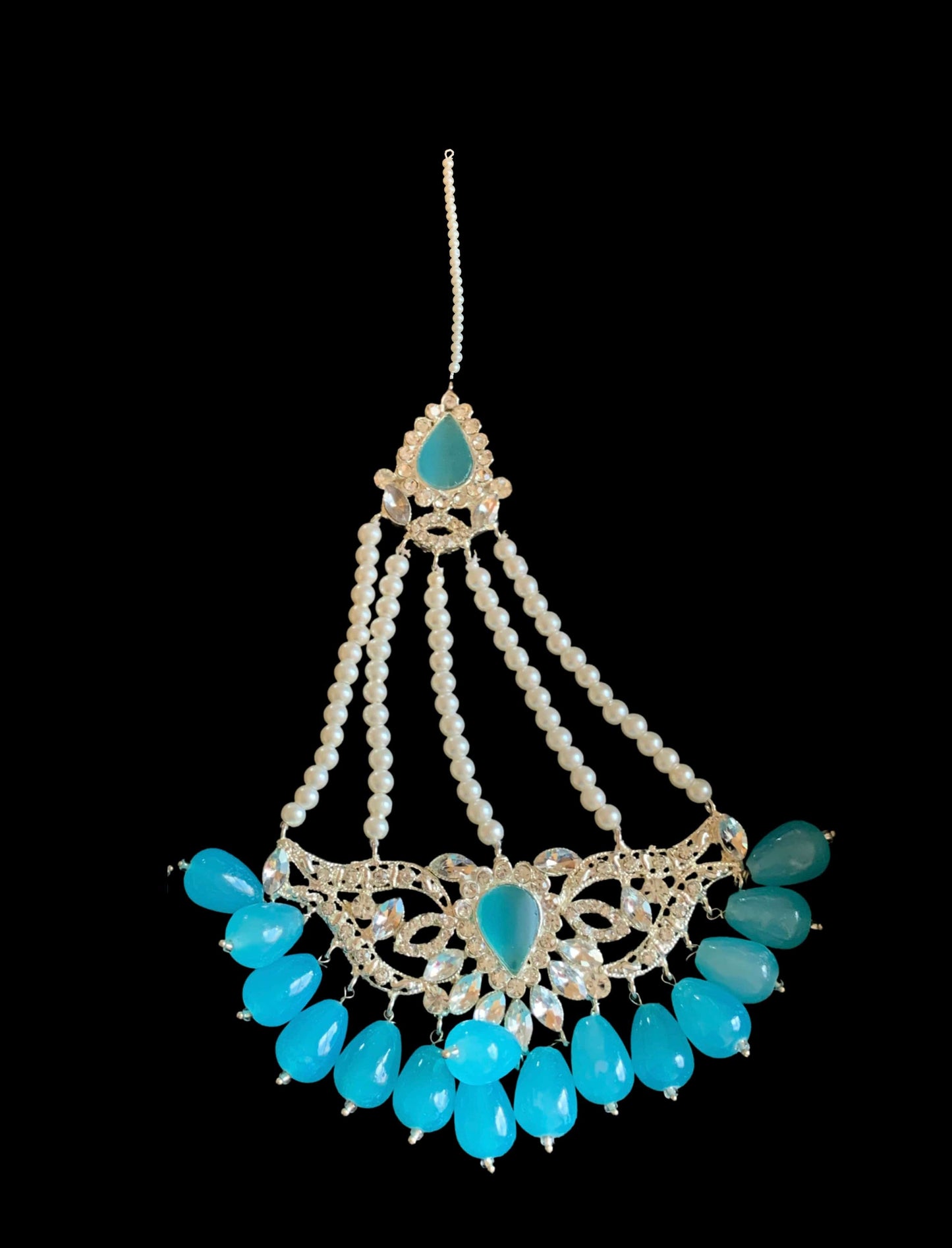 JTK4  Yusra jhoomar tika in blue beads ( READY TO SHIP )