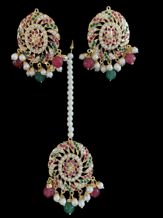 DJET18 Raabya punjabi Jadau earrings tika(Ruby emerald ) ( SHIPS IN 4 WEEKS )