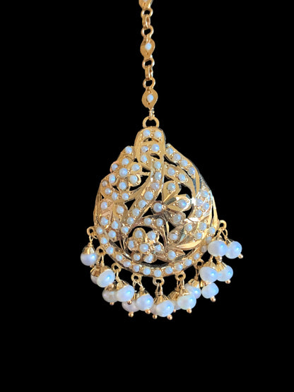 Gold plated silver tikka in fresh water pearls ( SHIPS IN 4 WEEKS  )