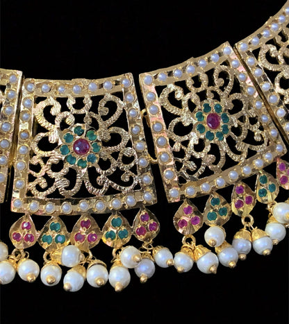 Safira necklace set with tika RUBY EMERALD ( READY TO SHIP)