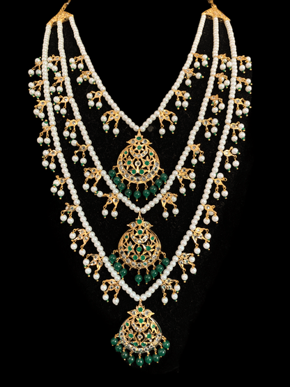 SAT31 Tooba ruby three layered pearl necklace with earrings and Tika - green  (SHIPS IN 4 WEEKS  )
