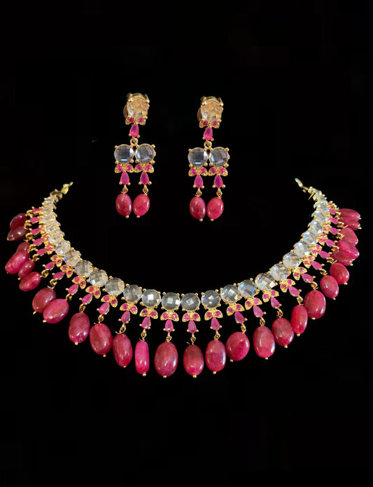 NS138 BRENA Hyderabadi necklace set in rubies (READY TO SHIP)